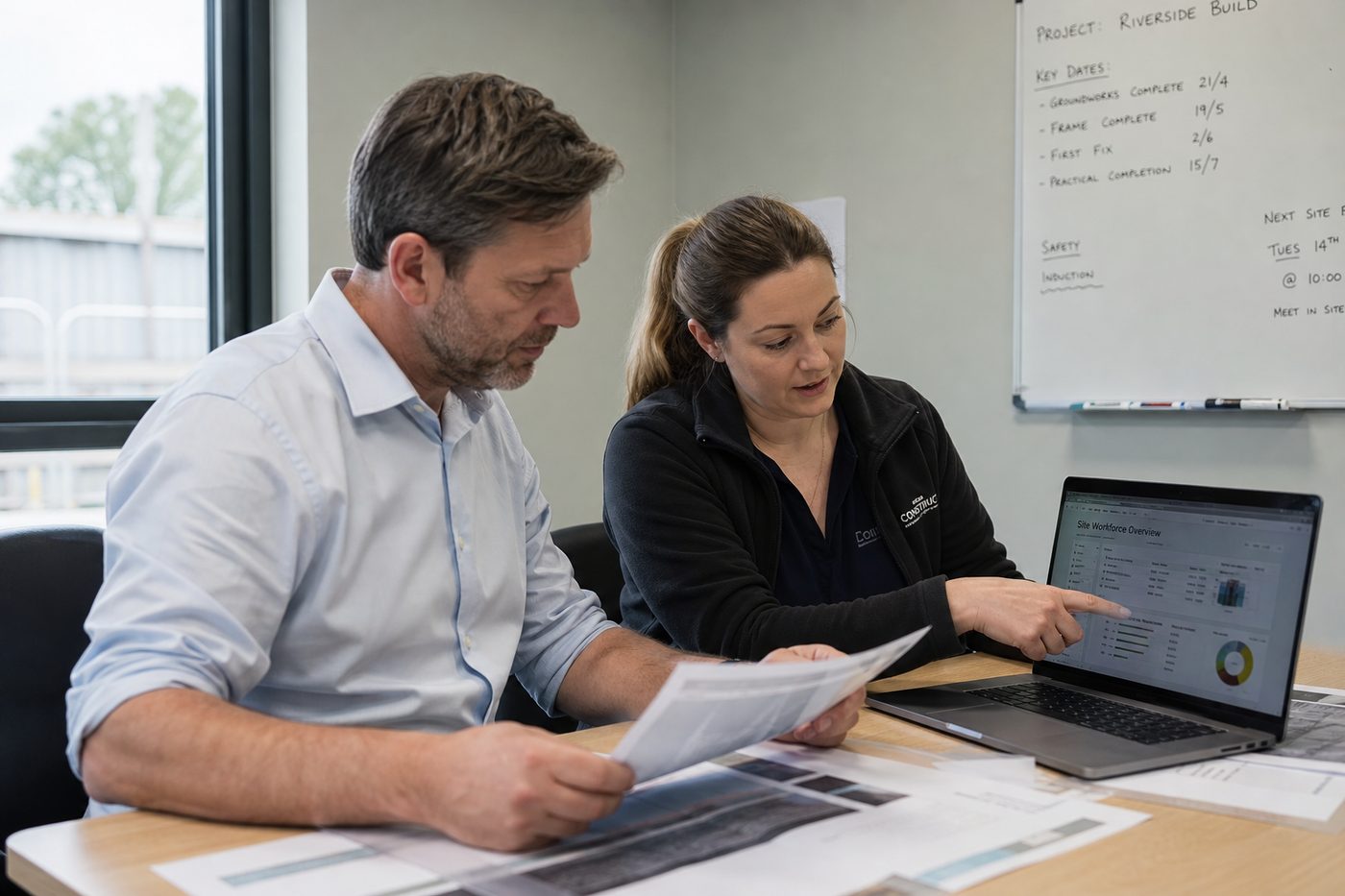Two PRJGENUI Workforce team members reviewing site reports in their office
