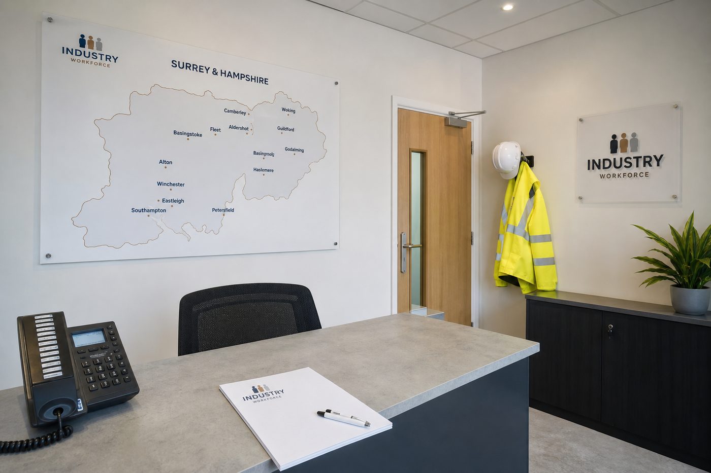 PRJGENUI Workforce office reception area with a map of Surrey and Hampshire on the wall