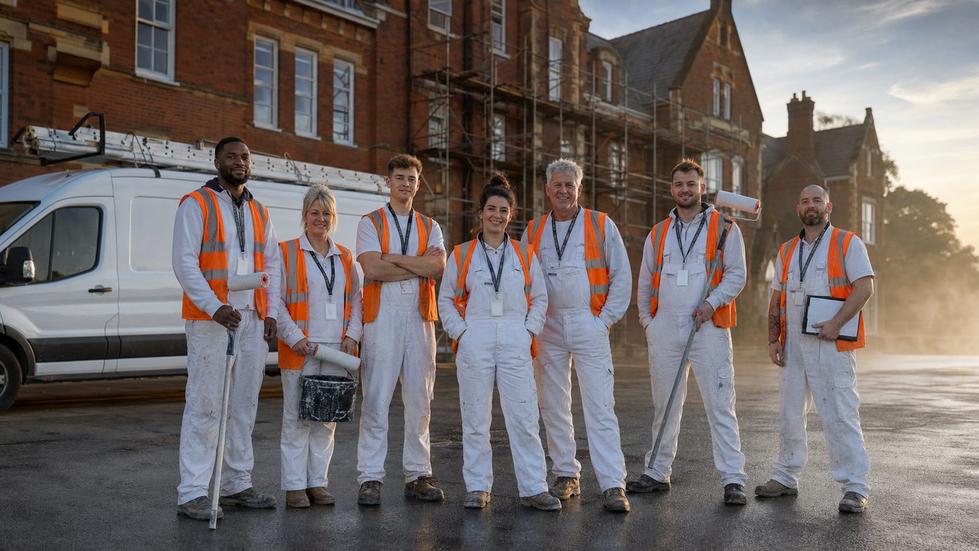 A crew of seven painters and decorators on a school refurbishment site in Surrey