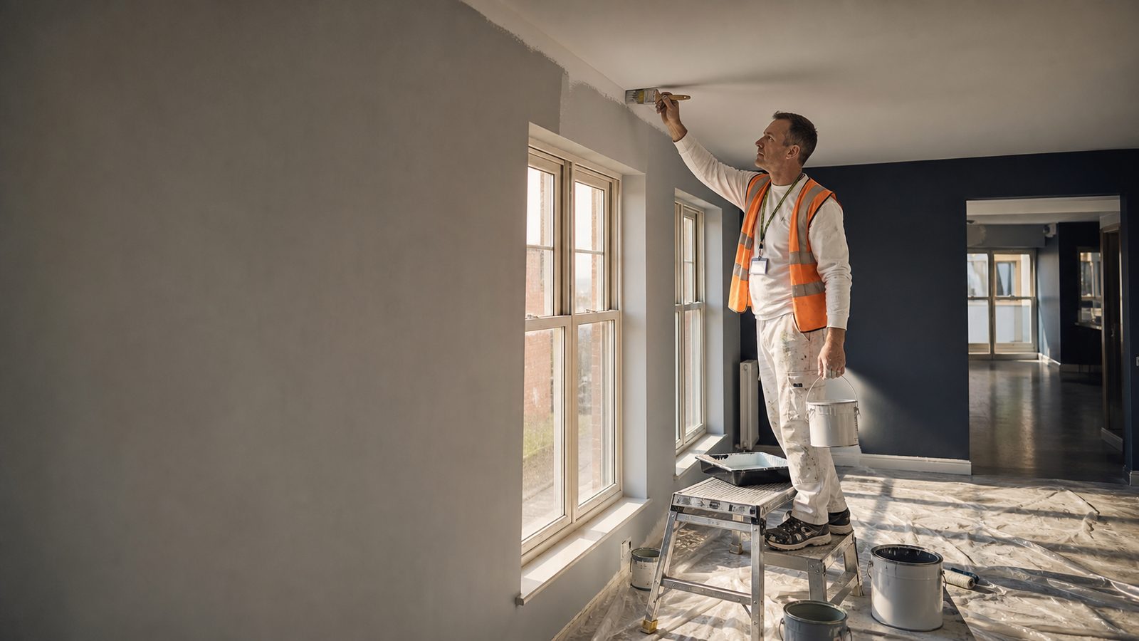 Painter cutting in around a door frame on a school refurbishment site in Surrey