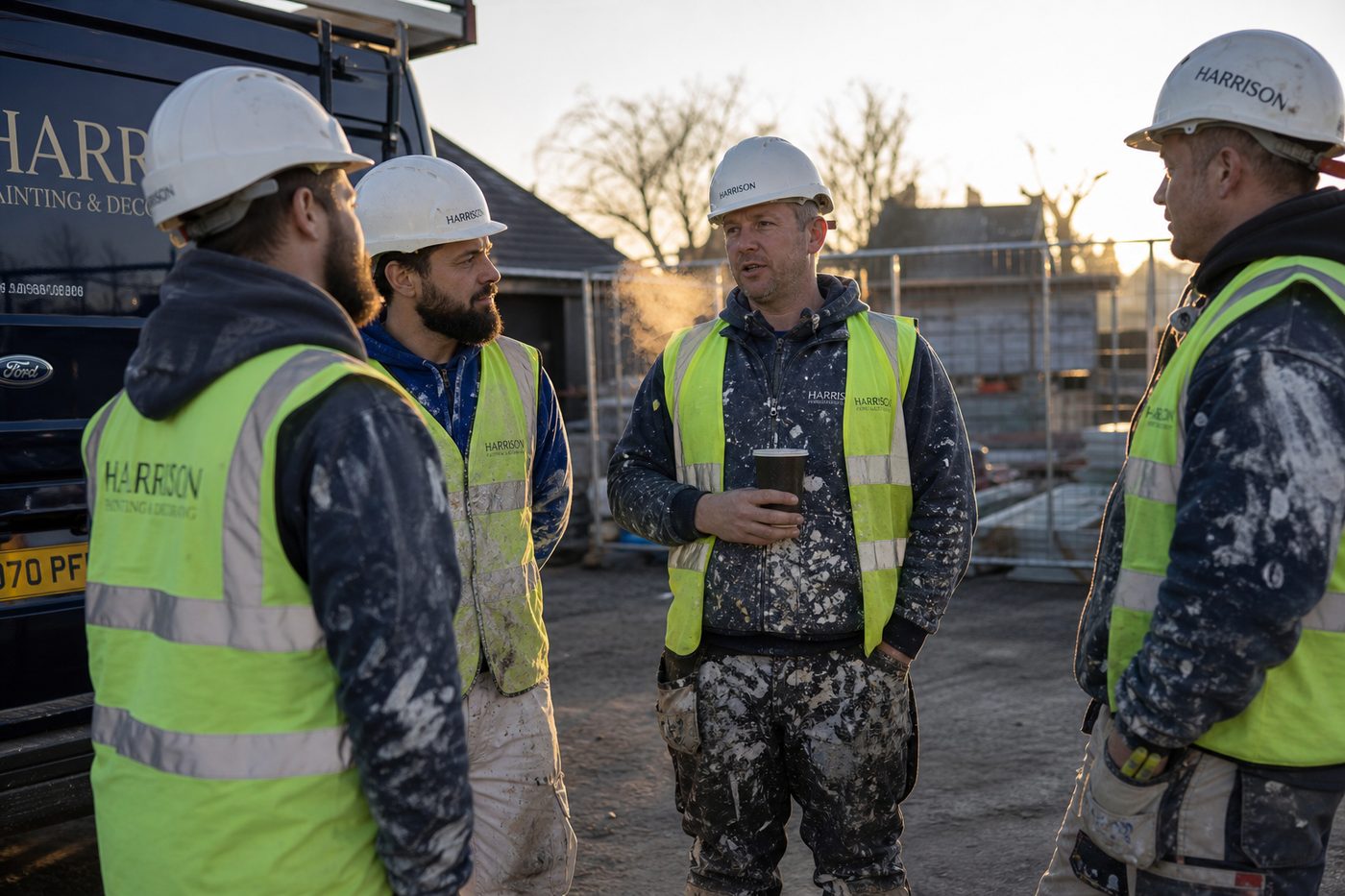 Team of decorators having a morning briefing on a construction site in Hampshire
